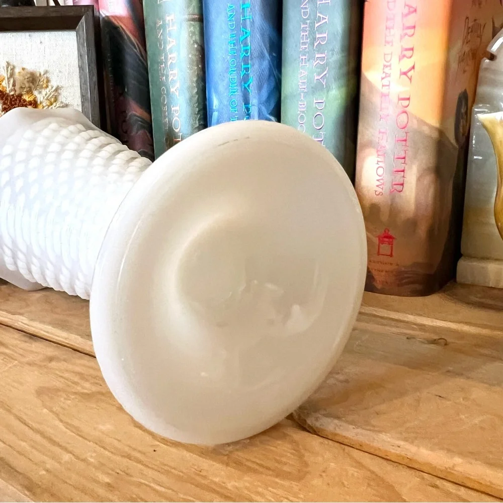 Vintage Fire King Dots and Dash 9” Tall Milkglass Vase- Mid Century Mod